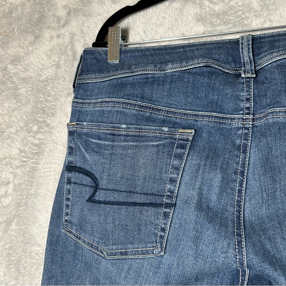 American Eagle Kick Boot Jeans Womens 14 X Long Dark Blue Denim Stretch Distress - Picture 12 of 14